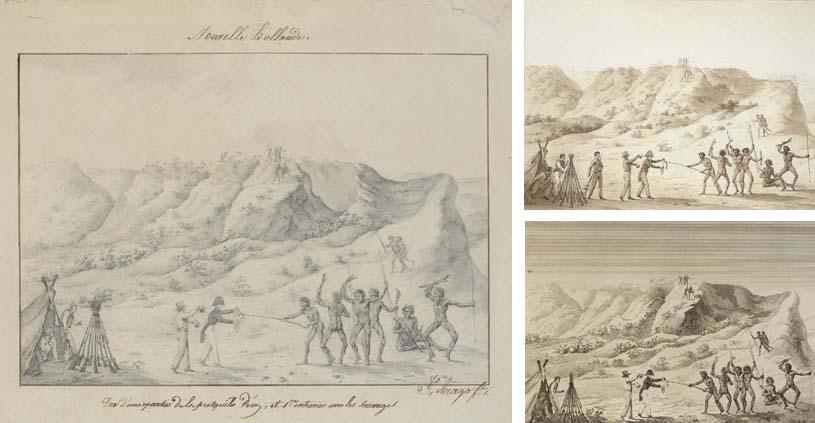 Jacques Etienne Victor Arago - Nouvelle Hollande. Vue d\'une partie de la presqu\'île Péron, et 1re entrevue avec les sauvages