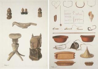 Jacques Etienne Victor Arago - Rawak. 1818. Eventail en osier trouvé à Rawak.