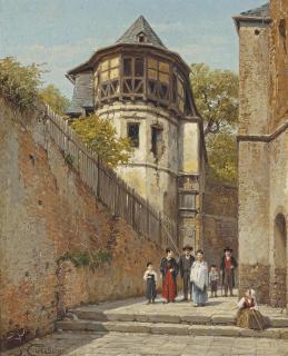 Jacques Francois Carabain - A Family In A Sunlit Street