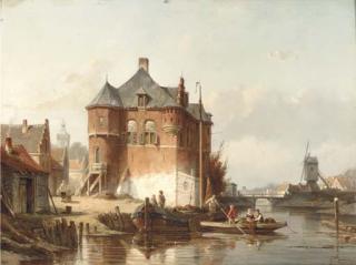 Jacques François Carabain - A view of a town with figures along the banks of a canal