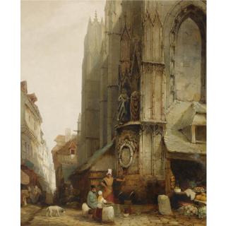 Jacques François Carabain - Belgian A Market Scene In Front Of A Gothic Cathedral