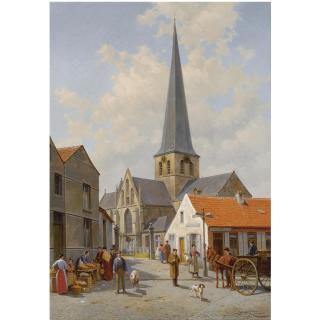 Jacques François Carabain - Belgian Figures On A Market Place At The Church Of Sint Kwintens Lennik, Belgium