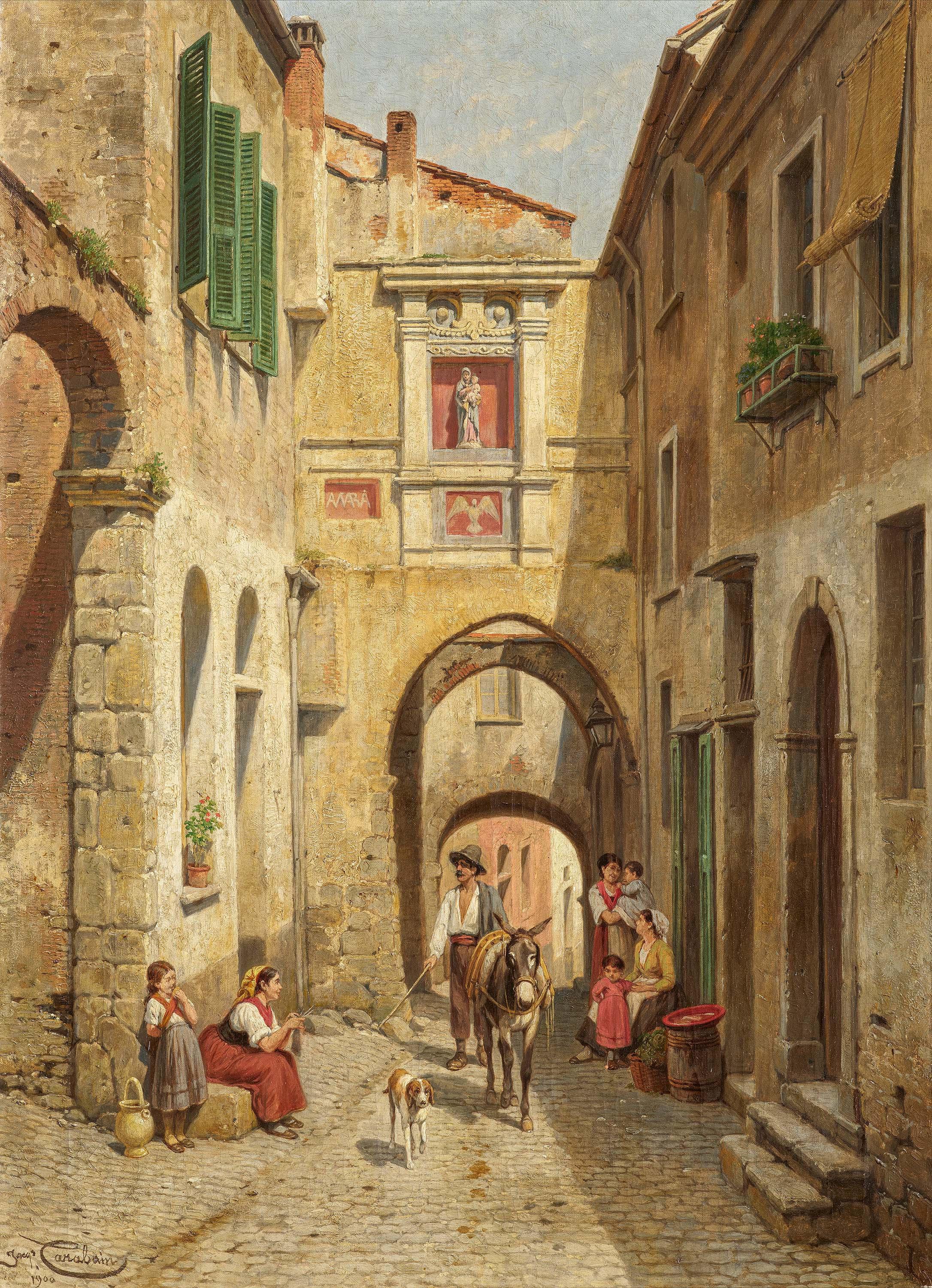 Jacques Francois Carabain - Italienische Gassen in Taggia in Ligurien.