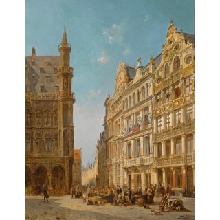 Jacques François Carabain - Many Figures At An Auction On The Grande Place In Brussels