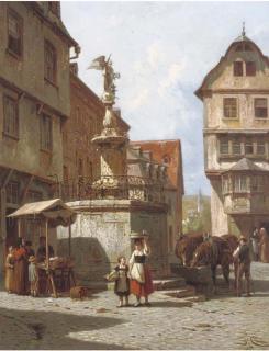Jacques Francois Carabain - Une fontaine à Bern-Castel, bords de la Moselle: a town square in Switzerland