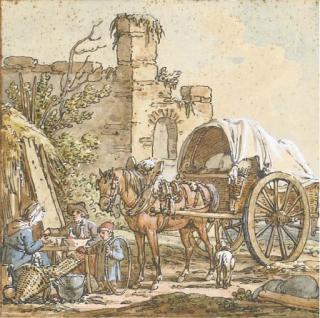 Jacques-François-Joseph Swebach-Desfontaine - Un couple assis à table avec un enfant dans un paysage, un cheval attelé à un chariot à droite