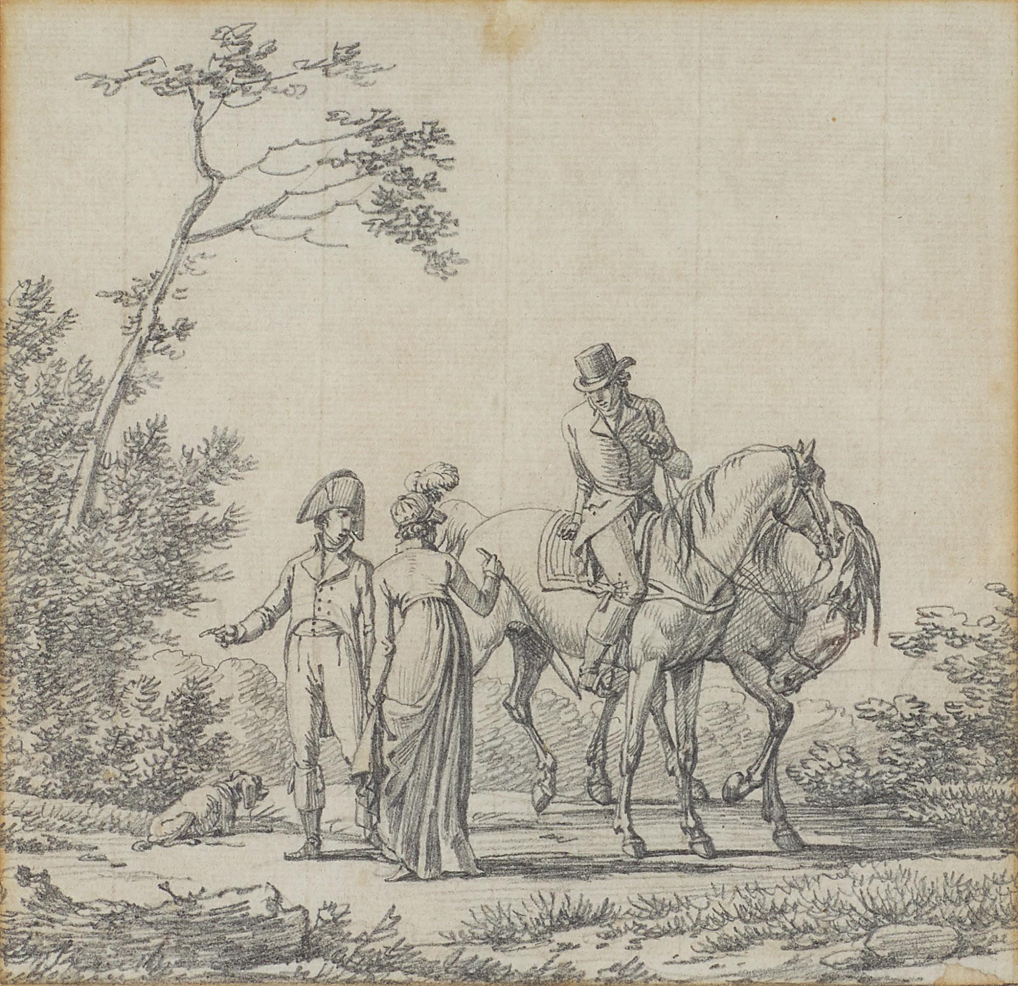 Jacques-François-Joseph Swebach - A Gentleman On Horseback Conversing With A Lady And An Officer In A Landscape