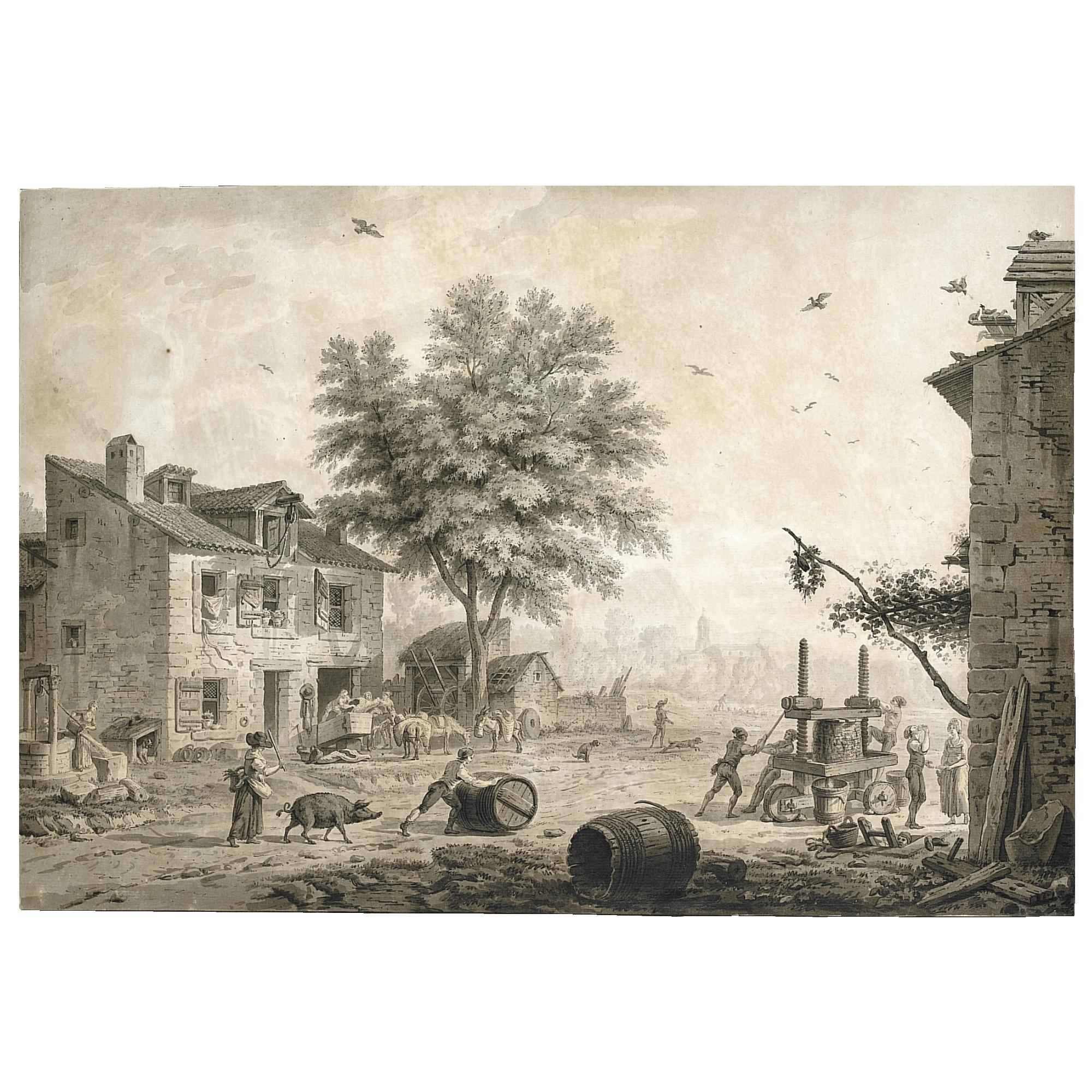 Jacques-François-Joseph Swebach - A Road Through A Village, With Men Operating A Cider Press To The Right