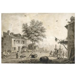 Jacques-François-Joseph Swebach - A Road Through A Village, With Men Operating A Cider Press To The Right