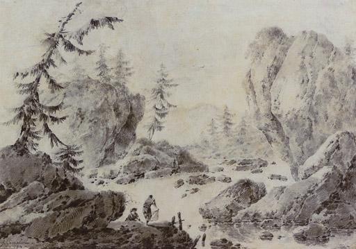 Jacques Gamelin - Landscape with two figures washing laundry by a river