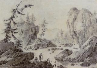 Jacques Gamelin - Landscape with two figures washing laundry by a river