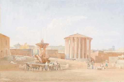 Jacques-Henri Juillerat - Une Vue du Temple de Vesta À Tivoli, Des Figures Autour D\'Une Fontaine Au Premier Plan
