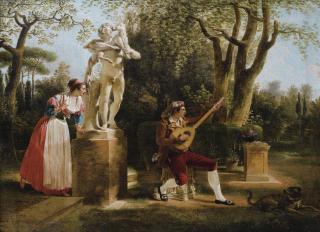 Jacques-Henri Sablet - Elégante Écoutant Un Joueur De Guitare Dans Un Parc À Romejacques-Henri Sablet ; Elegante Listening To A Guitar Player In A Park In Rome ; Signed And Dated Lower Left In The Base Of The Scultpure ; Oil On Canvas