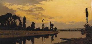 Jacques-Henry Delpy - Figures in a river landscape at sunset
