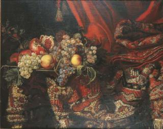 Jacques Hupin - Grapes, peaches and pomegranates on a pewter platter by an oriental carpet