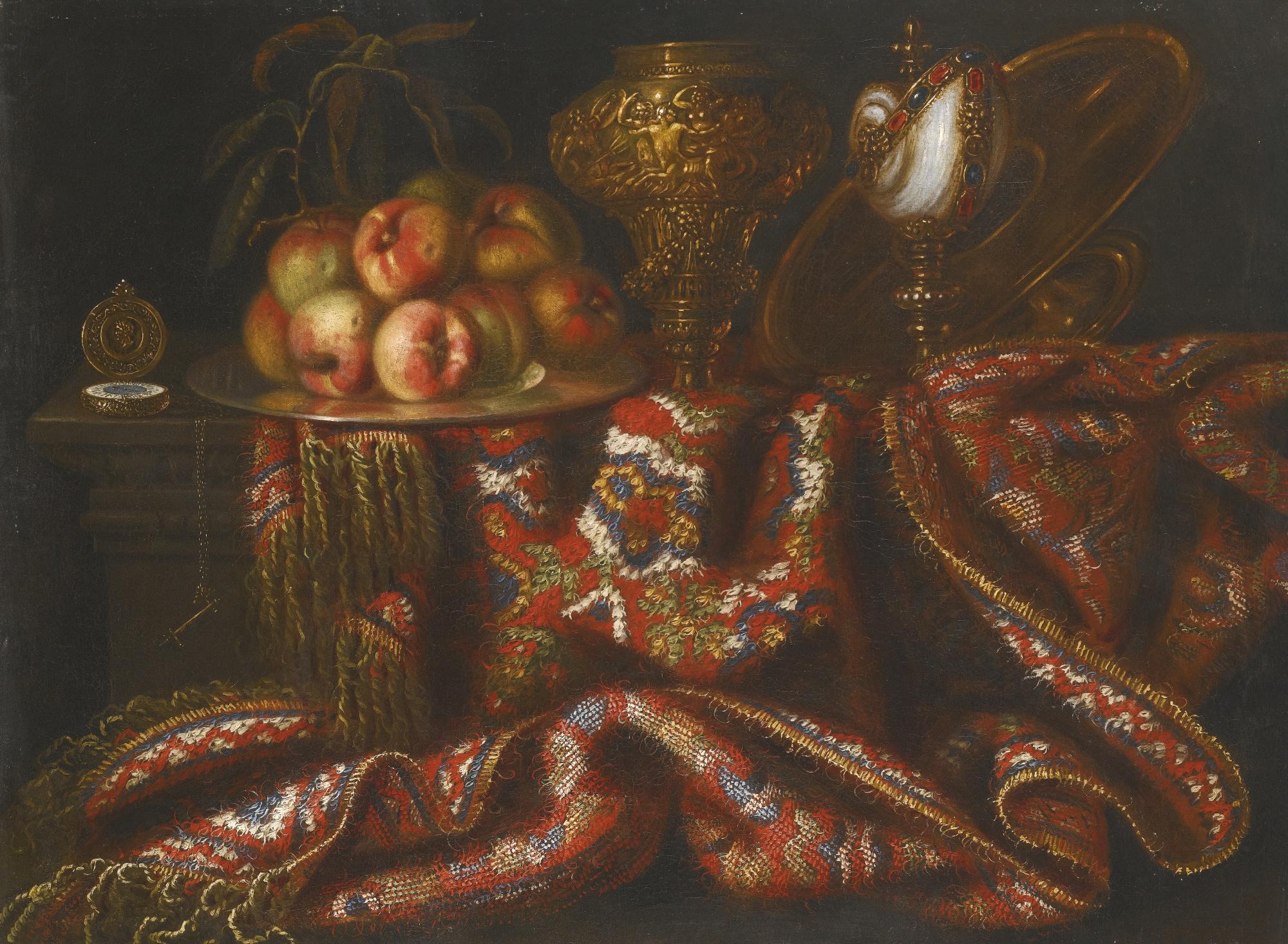 Jacques Hupin - Still Life With Peaches, A Nautilus Cup And A Pocket Watch With A Persian Rug