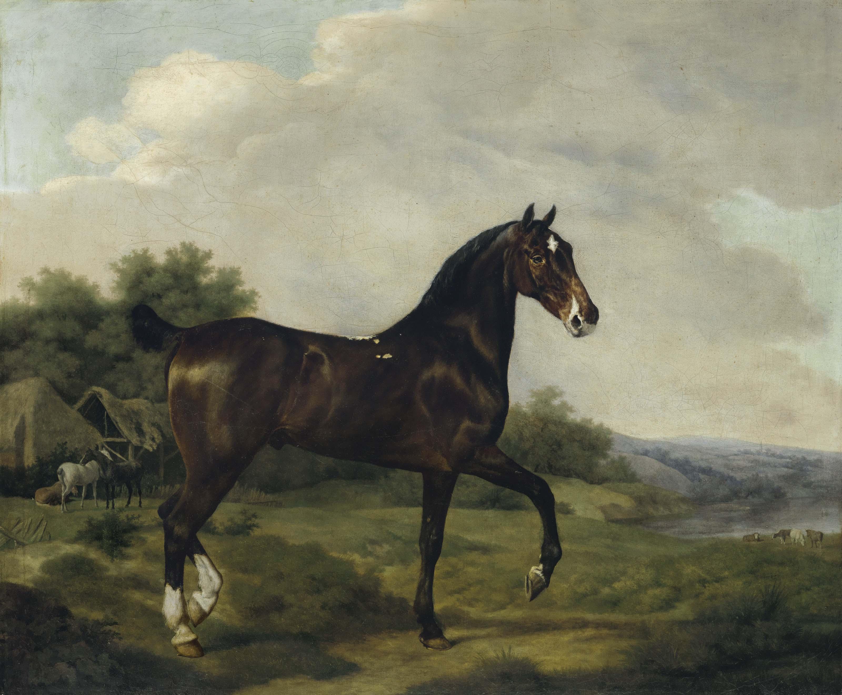Jacques-Laurent Agasse - A dark bay hunter in an extensive landscape, horses and cattle beyond
