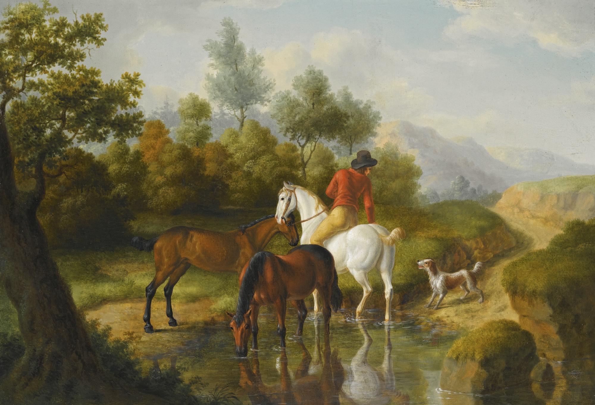 Jacques Laurent Agasse - A Gentleman With Horses By A Stream 