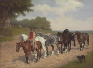 Jacques-Laurent Agasse - A groom with a string of carthorses and a dog, on a country road