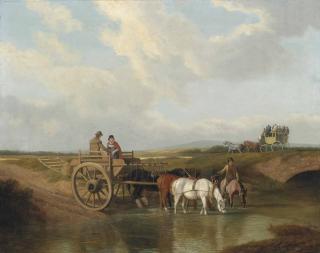 Jacques-Laurent Agasse - A Landscape With A Cart At A Ford, With Horses Watering, A Coach Beyond