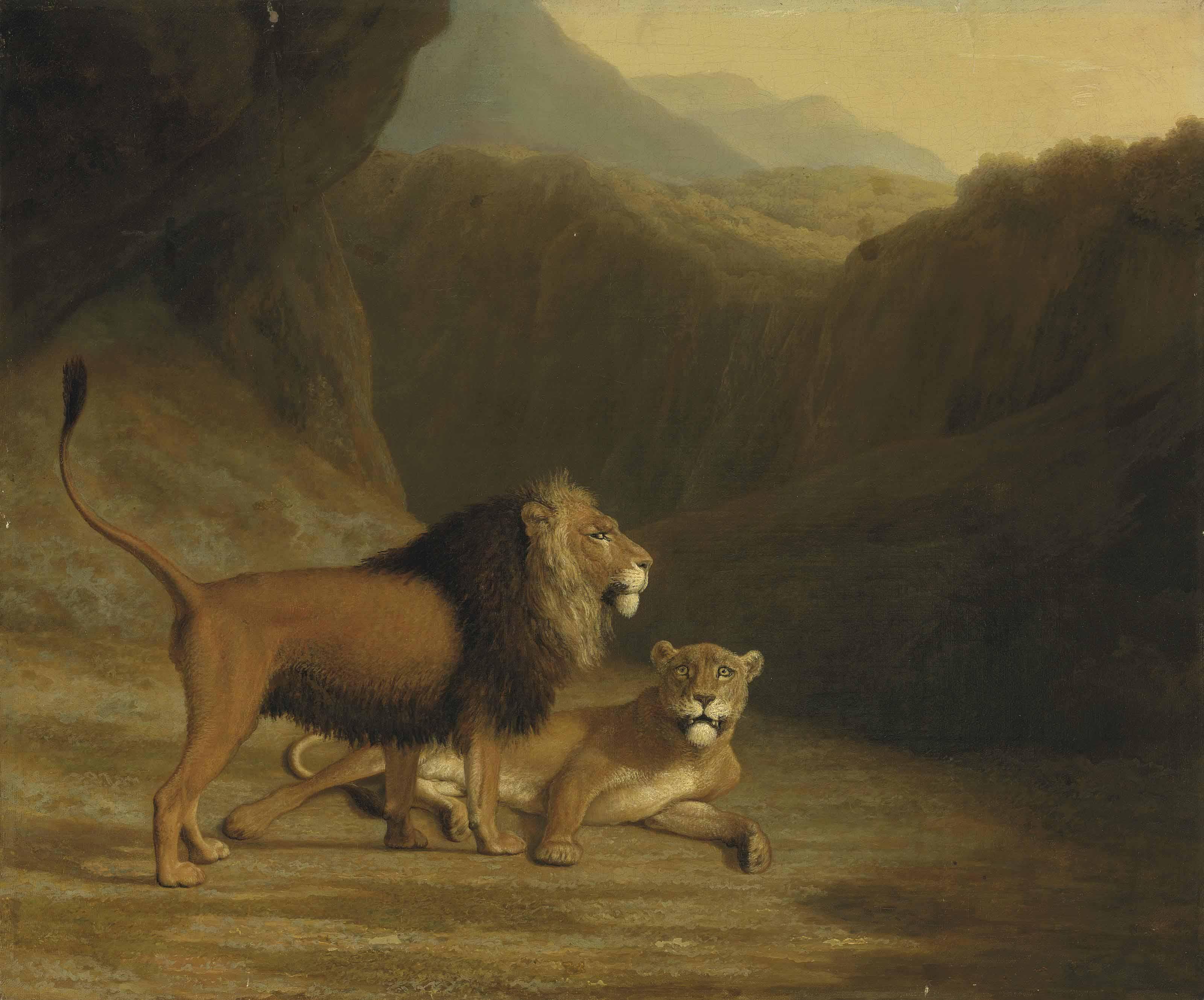 Jacques-Laurent Agasse - A lion and a lioness in a rocky valley