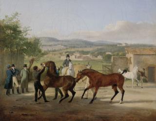 Jacques-Laurent Agasse - A stallion being led to a mare in a stable yard, a landscape with villas beyond