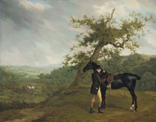 Jacques-Laurent Agasse - George Irving with his black hunter beneath a blasted oak, hounds being put into a covert beyond