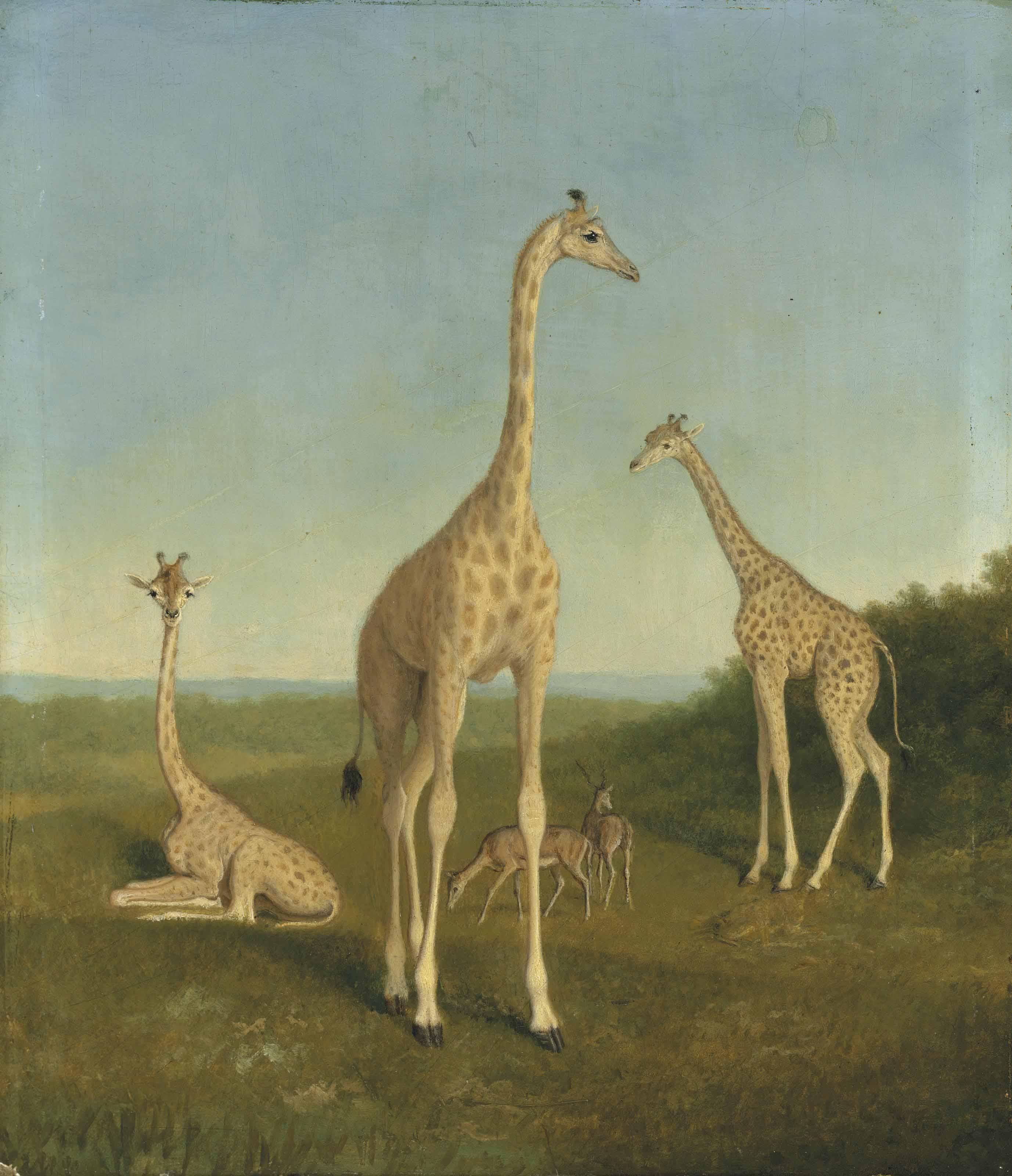 Jacques-Laurent Agasse - Giraffes with impala in a landscape