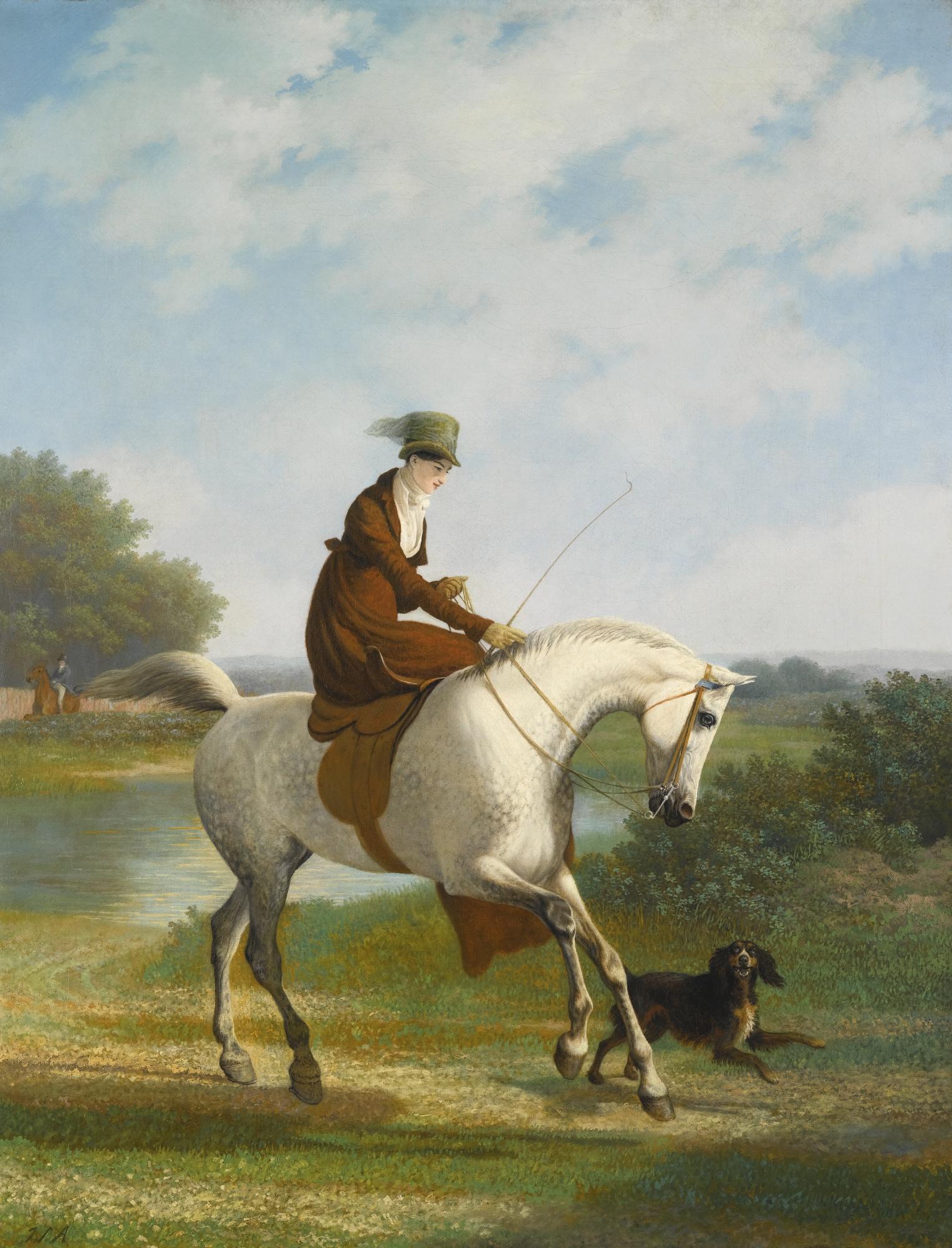 Jacques Laurent Agasse - Swissan Equestrienne On A Grey Hunter Accompanied By Her Spaniel In A River Landscape (Possibly A Member Of The Powles Family)