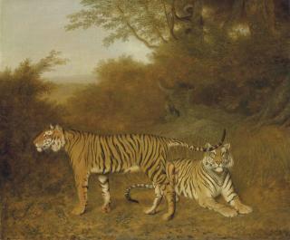 Jacques-Laurent Agasse - Two Bengal tigers in an savannah landscape, with a man in a tree