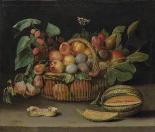 Jacques Linard - Nature morte aux fruits dans un panier en osier, avec un melon entamé