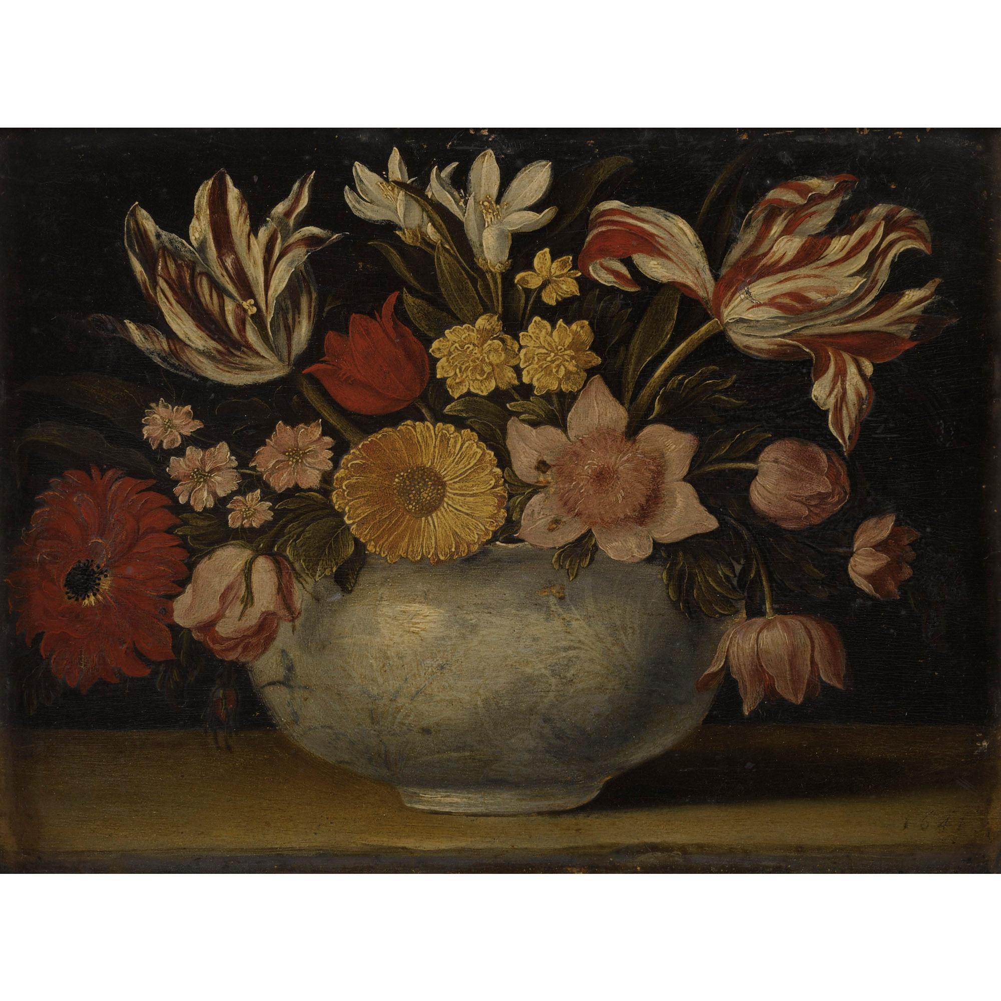 Jacques Linard - Nature Morte De Fleurs Dans Un Vase En Porcelaine Sur Un Entablement
