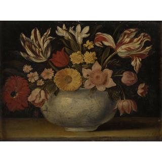 Jacques Linard - Nature Morte De Fleurs Dans Un Vase En Porcelaine Sur Un Entablement