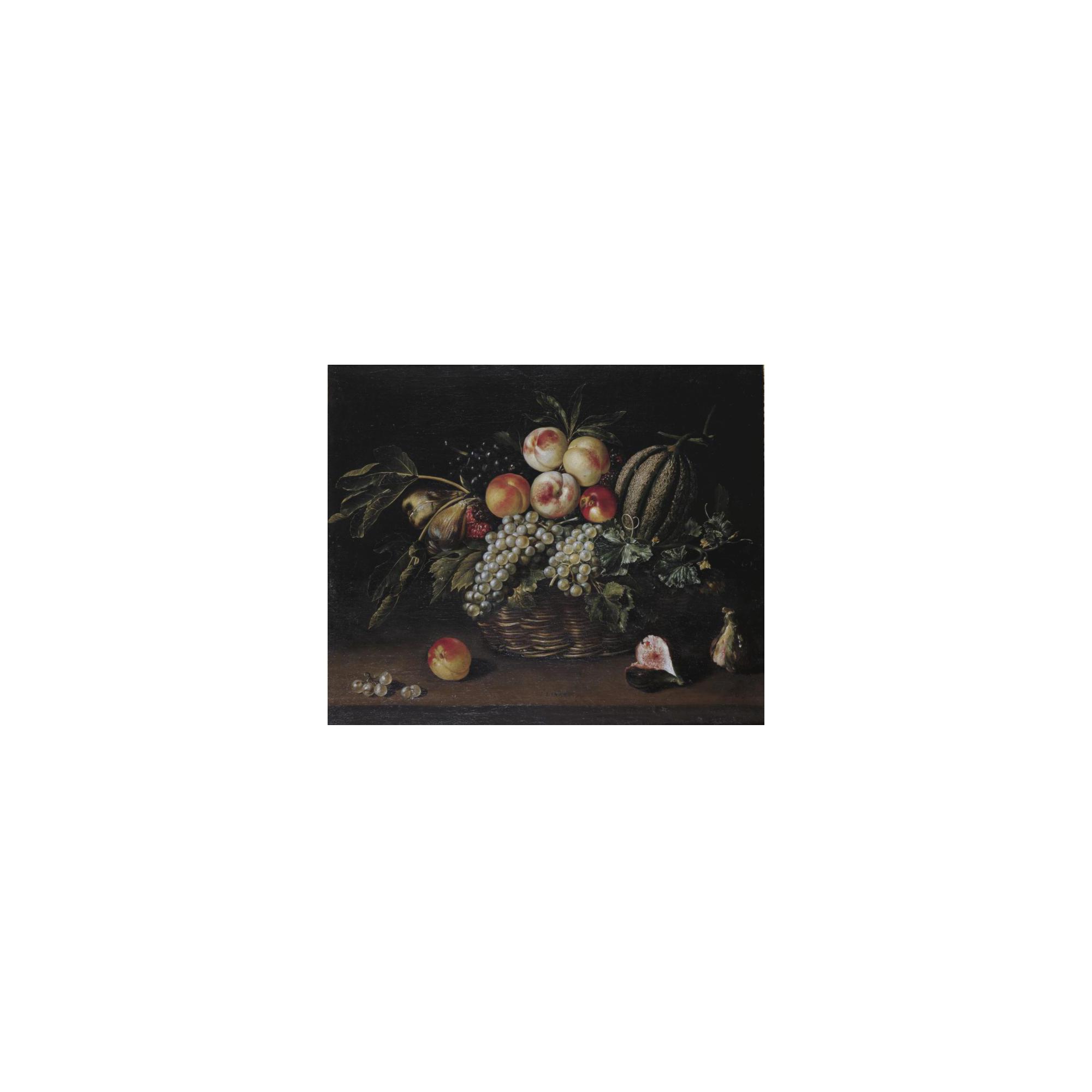 Jacques Linard - Still Life Of A Melon, Peaches, Grapes And Figs In Basket Resting On Ledge