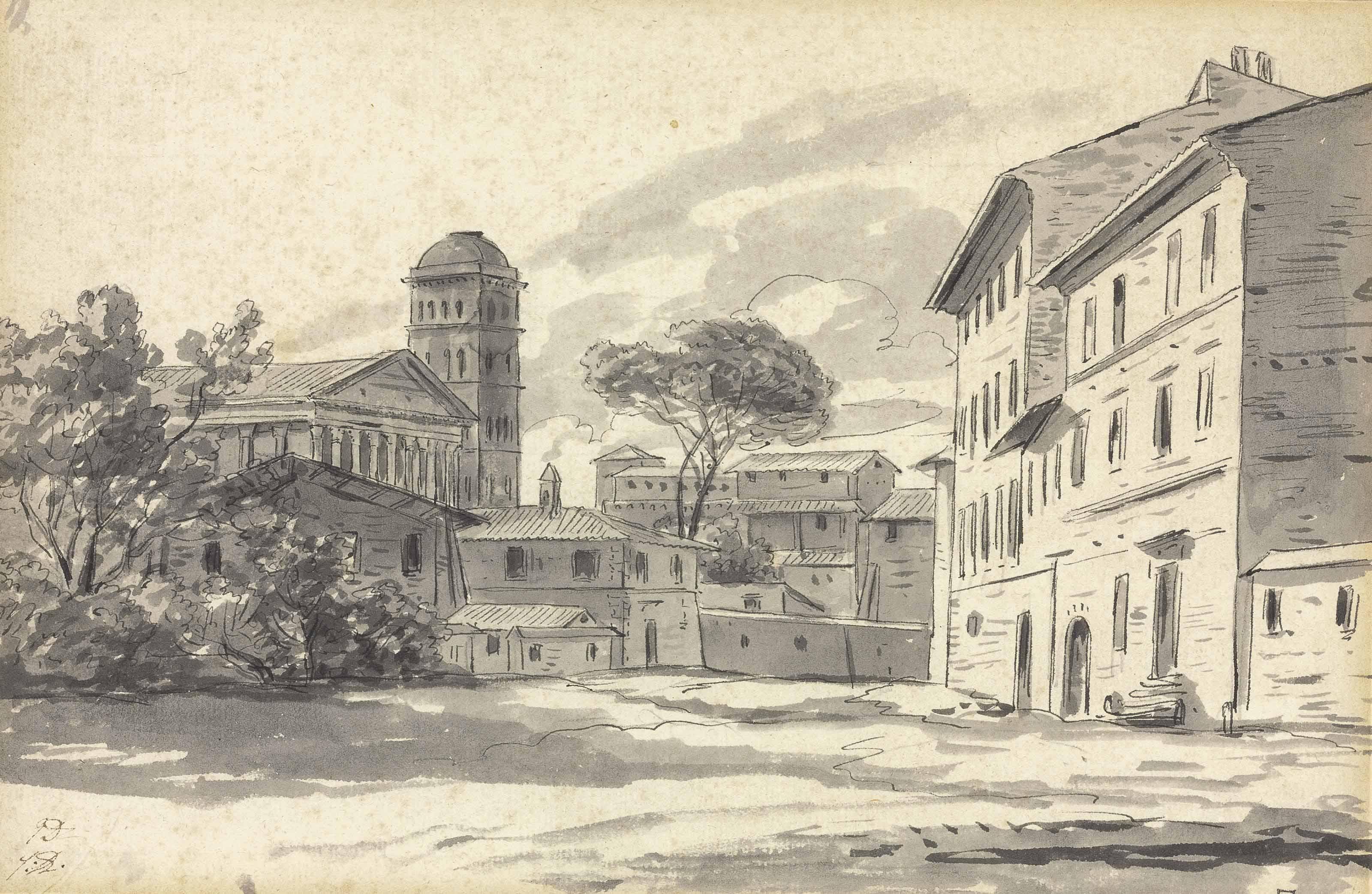 Jacques-Louis David - A Roman Village With A Temple And Tower At Left