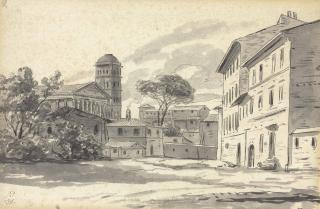 Jacques-Louis David - A Roman Village With A Temple And Tower At Left