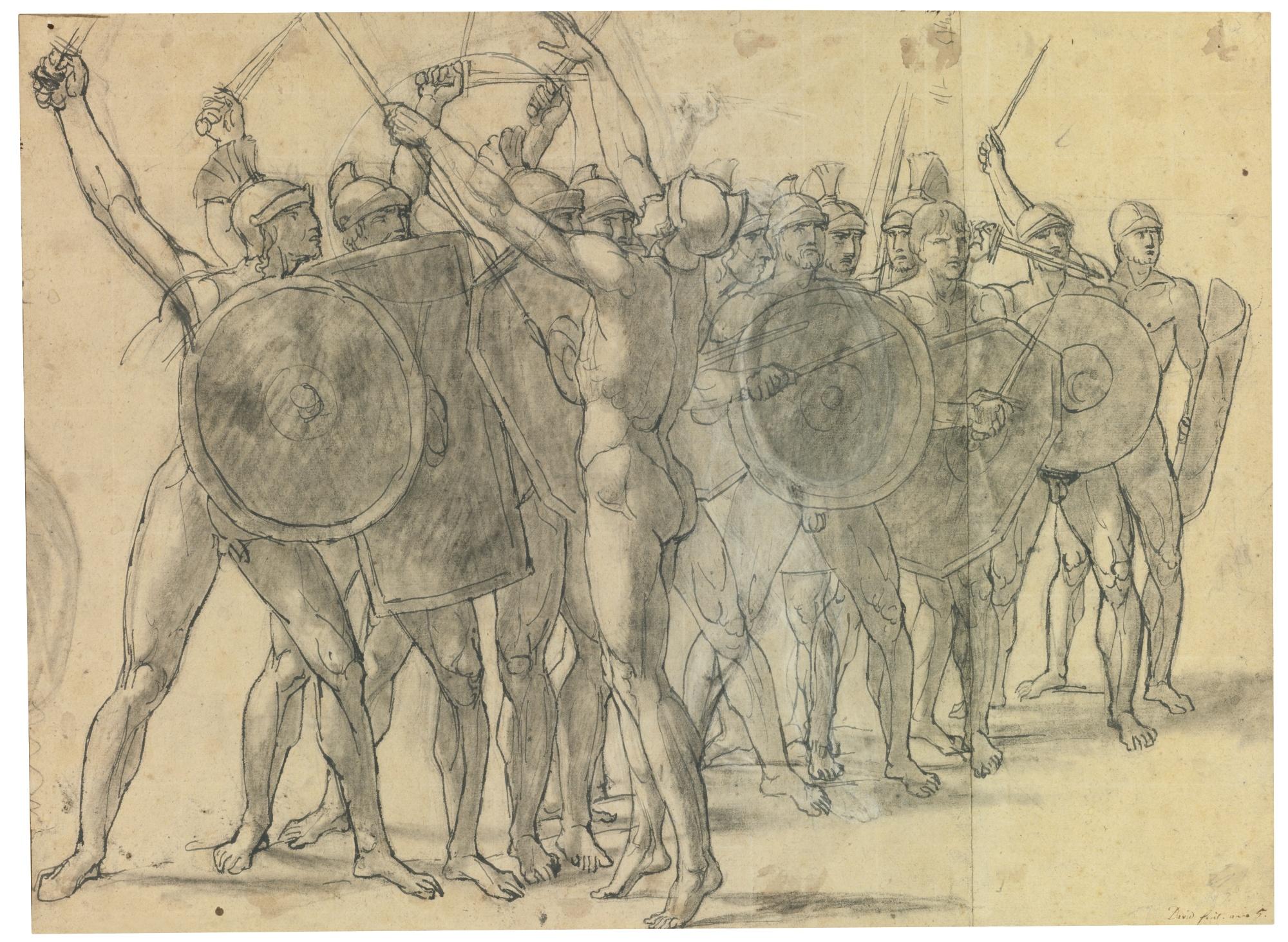 Jacques-Louis David - Recto: Nude Soldiers Gesticulating With Their Weapons Verso: Two Drapery Studies For The Figure Of Tatius