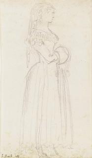 Jacques-Louis David - Study of a young woman, full length, seen in profile, wearing a veil and carrying a muff; and Another study of the same figure