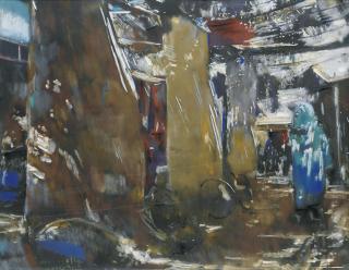 Jacques Majorelle - Un Coin De Souk À Marrakechjacques Majorelle ; A Souk In Marrakech ; Signed And Located Lower Left Marrakech ; Gouache Heightened With Pastel And Gold On Brown Paper