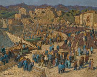 Jacques Martin-Ferrieres - Foule de pêcheurs et ravaudage des filets sur la grève du port de Collioure (Catalogne)