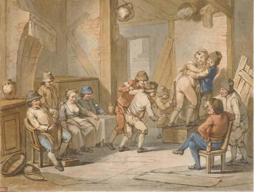 Jacques-Philippe Caresme - Des paysans dans un intérieur regardant un garçon jouant à colin-maillard, mené vers une femme dénudée