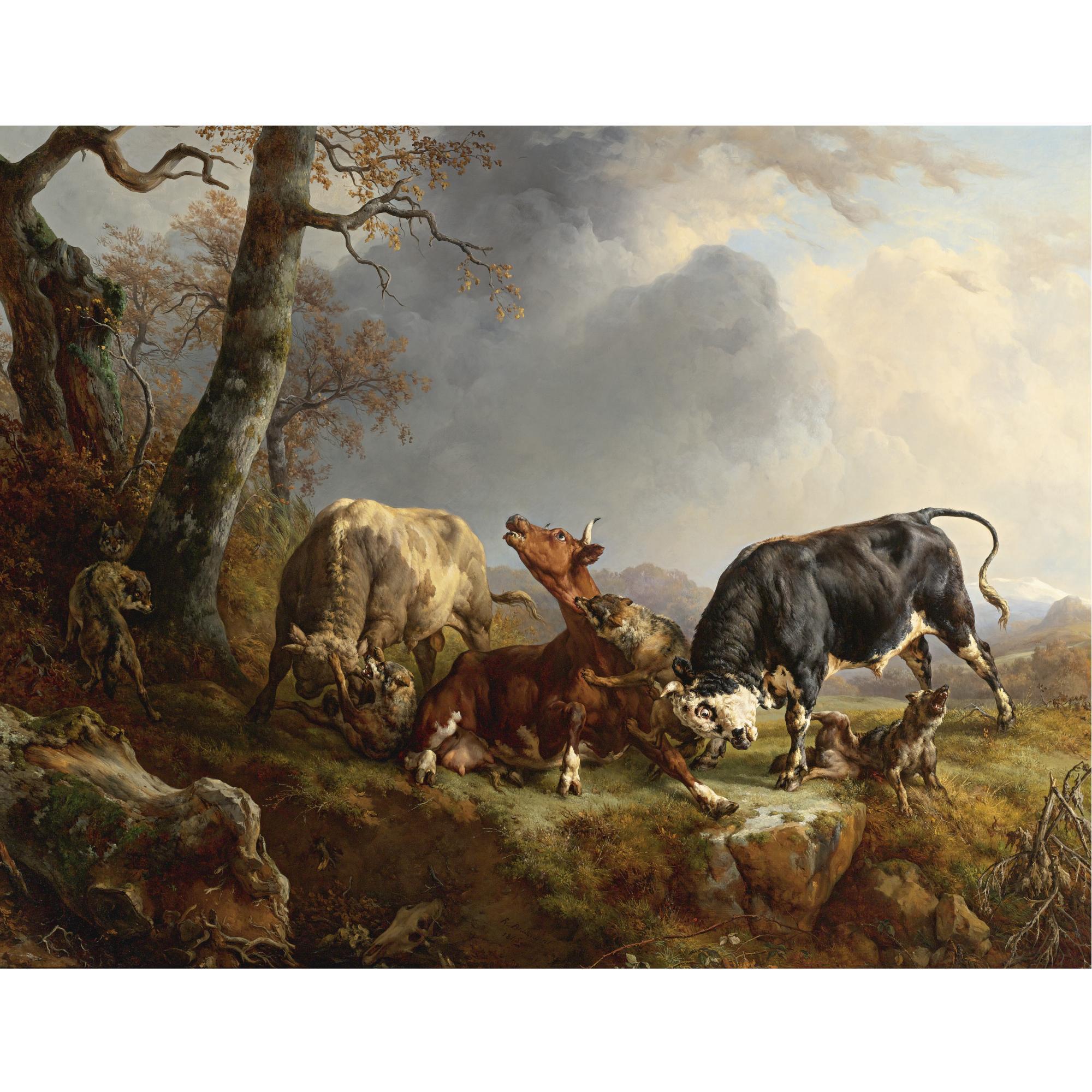 Jacques Raymond Brascassat - French Two Bulls Defending A Cow Attacked By Wolves