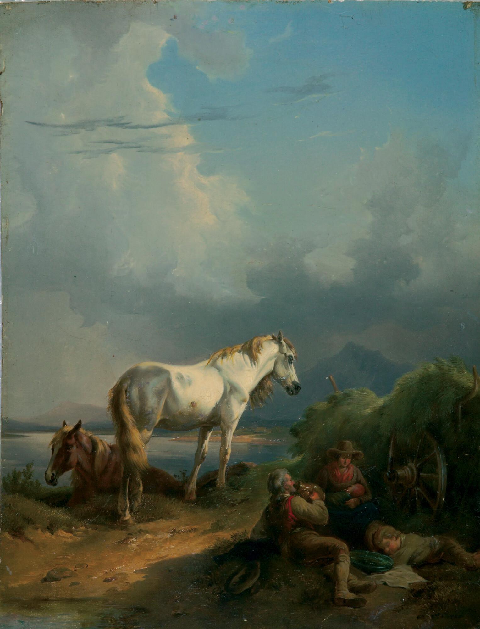 Jacques Raymond Brascassat - Fuchs und Schimmel mit rastenden Bauern am See.