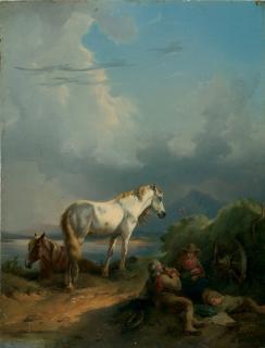 Jacques Raymond Brascassat - Fuchs und Schimmel mit rastenden Bauern am See.