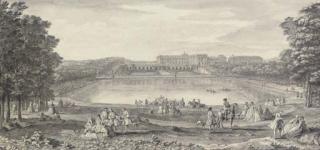 Jacques Rigaud - Vue du château de Versailles du côté de l\'Orangerie, prise au delà de la grande pièce d\'eau des Suisses
