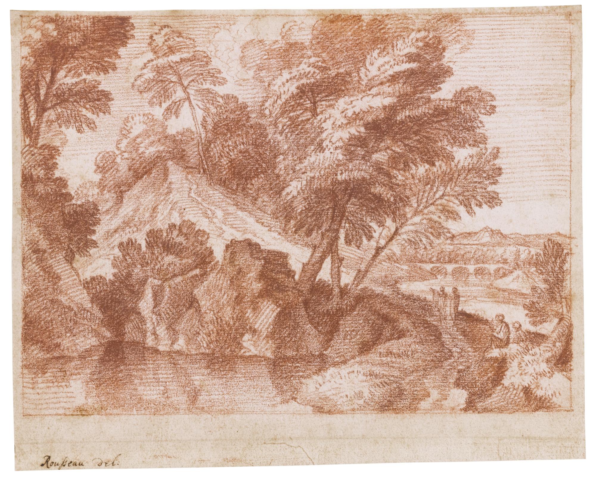 Jacques Rousseau - A Wooded Landscape With Figures By A Lake