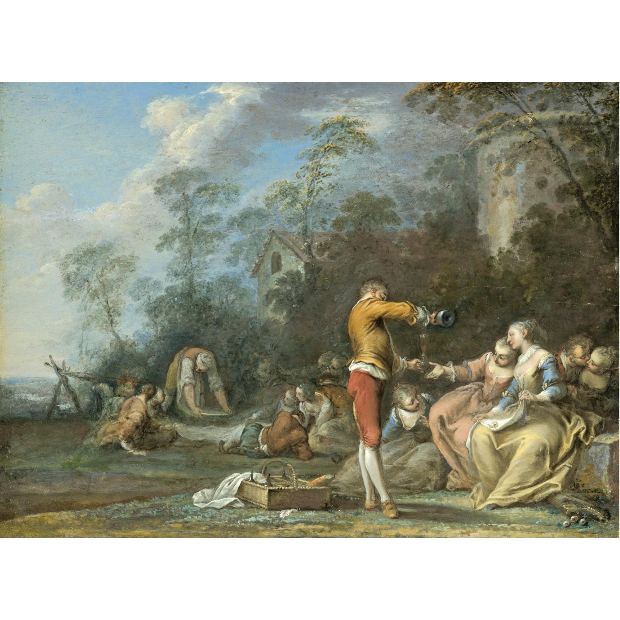 Jacques-Sébastien Leclerc - A Fête Galante With Figures Picnicking In A Landscape