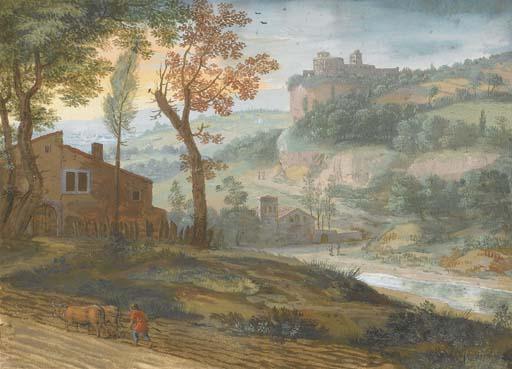 Jacques Stella - A River Landscape With A Farmer Ploughing In The Foreground, A Castle Seen Beyond