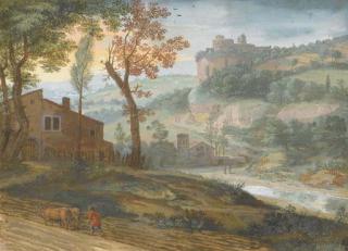 Jacques Stella - A River Landscape With A Farmer Ploughing In The Foreground, A Castle Seen Beyond