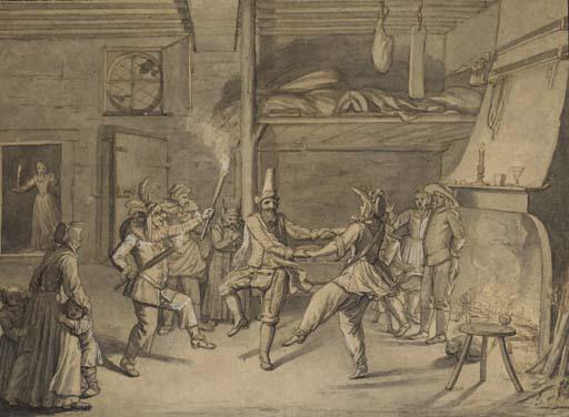 Jacques Stella - Des personnages masqués dansant dans une auberge